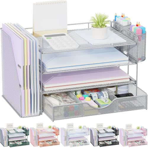 gianotter Desk Organizers and Accessories with File Holder, 4-Tier Desk Accessories & Workspace Organizers with Drawer and 2 Pen Holder, Paper Organizer for Office Supplies (Grey) - color: Grey, size: 4T