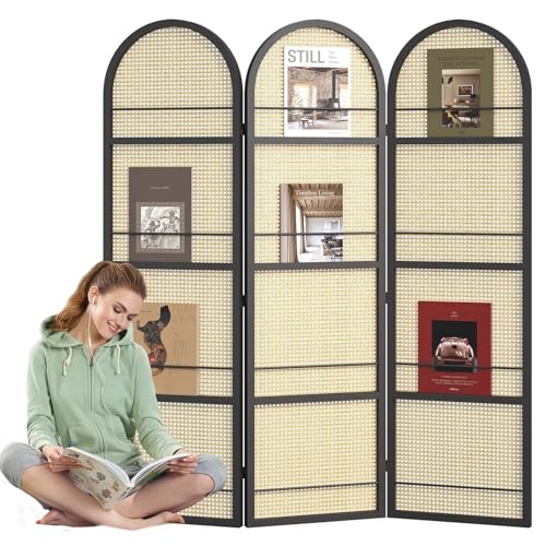 Rattan Room Divider with Built-in Bookshelf | Foldable Privacy Screen & Portable Partition for Home Office, Bedroom, Reading Nook | Wooden Frame, Freestanding Design (Black-Rattan) - color: Black-rattan, size: 3 Panels