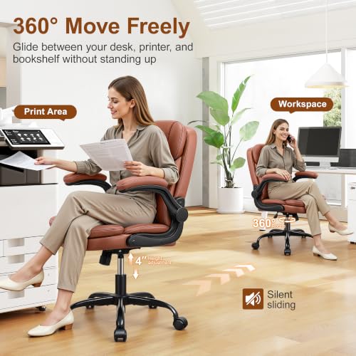 HeroSet Leather Office Chair with Upgraded Double-Layer Seat Cushion and Neckrest for Short People, Brown - color: Brown