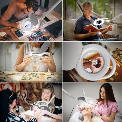 Dimmable Magnifying Desk Lamp with Clamp,1.75X magnification, Touch Dimmer, 96 SMD LEDs, Adjustable Arm, Dual Warm & Cold Light Modes for Crafts, Reading, Repair (Universal Voltage, Eye Strain Relief)