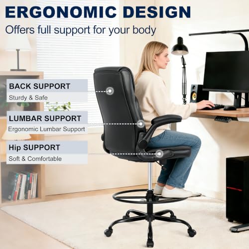 Misolant Drafting Chair with Footrest Ring, Tall Office Chair for Standing Desk, PU Faux Leather Bar Counter Height Chairs with Adjustable Height, 360° Swivel Wheels for Garage Office, Black - color: Black
