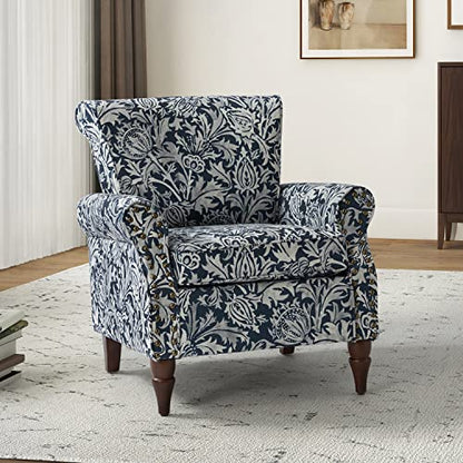HULALA HOME Traditional Floral Accent Chair with Solid Wood Legs, Navy | Comfy Upholstered Armchair Reading Chair with Rolled Armrests, Nailhead Trim, Removable Cushion, for Living Room Bedroom - color: Navy