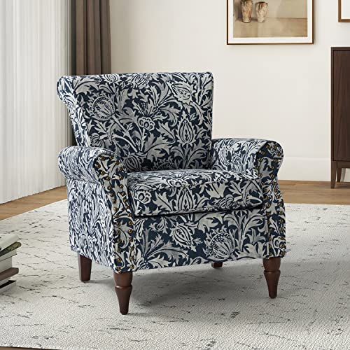 HULALA HOME Traditional Floral Accent Chair with Solid Wood Legs, Navy | Comfy Upholstered Armchair Reading Chair with Rolled Armrests, Nailhead Trim, Removable Cushion, for Living Room Bedroom - color: Navy