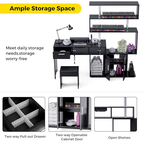 Kikihouse Manicure Table Nail Desk with Stool, Rotating L-Shaped Nail Tech Desk with Dust Collector, Two-Way Drawer, Cabinet & Storage Shelves, Reversible Manicure Workstation on Wheels (Black) - color: Black