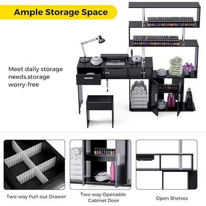 Kikihouse Manicure Table Nail Desk with Stool, Rotating L-Shaped Nail Tech Desk with Dust Collector, Two-Way Drawer, Cabinet & Storage Shelves, Reversible Manicure Workstation on Wheels (Black) - color: Black