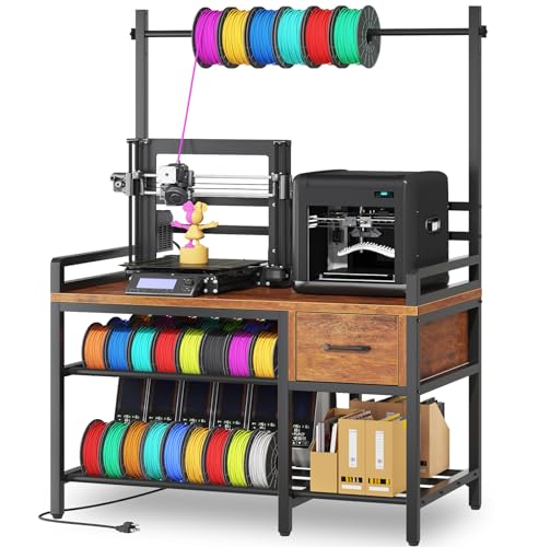 3D Printer Stand with Filament Storage – Tall 66" Heavy Duty Metal 3D Printer Table with Power Hub, Drawer & X-Bracket Stability for Workshop, Studio, Office - color: Brown, size: 39.4" x 24" x 66.3" H