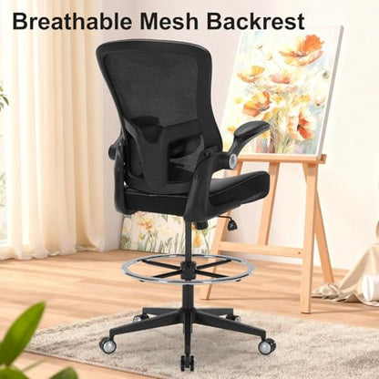 Drafting Chair 400lbs Heavy Duty Tall Office Chair Big and Tall Ergonomic Standing Desk Chair with Lumbar Support and Adjustable Footrest Ring, Comfy Mesh Wide Chair with Flip-up Armrests, Black