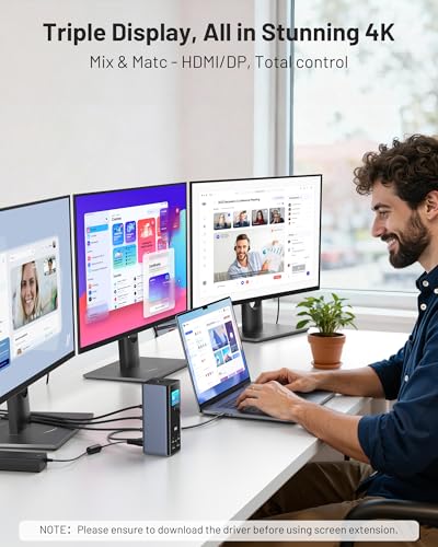 Smart Display Docking Station 3 Monitors,150W PD for Mac(Driver Required) | Triple 4K@60Hz,USB-C Dock 3 Displays,3HDMI+2DP,10Gbps USB,2.5G Ethernet & 150W PD,Weather Forecast, Working Status Display