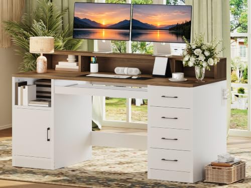 RALGEND 55" Office Desk with Drawers, Farmhouse Executive Desk with Drawers - color: White, Walnut
