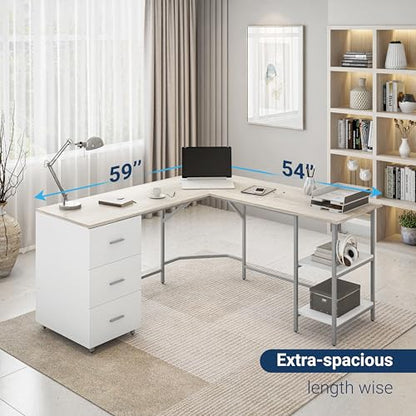 Techni Mobili 59" Two-Tone L‑Shaped Office Desk with Storage Shelves, Sand - color: Sand