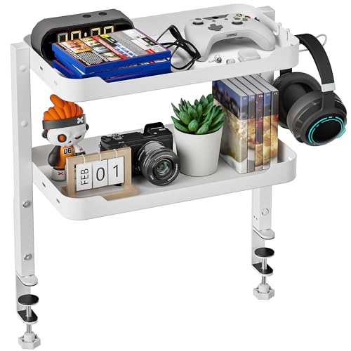 ARES WING 2-Tier 16 inch Clamp On Desk Shelf, Above or Under Desk Storage | Adjustable Desktop Organizer Shlef Holds 66 lbs Heavy Duty, with Headphone Holder for Working and Gaming Accessories, White - color: White, size: Dual Shelf