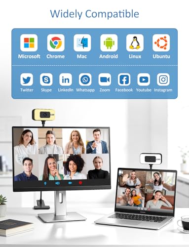 Webcam for PC, 4K Streaming Camera with Light, Web Camera for Desktop/Laptop Computer Webcam with Microphone, Plug and Play USB Web Cam with Bracket, for Video Calls and Meetings