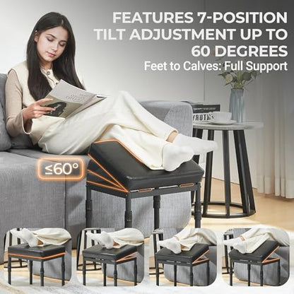 Adjustable Ottoman Pouf, 60 Degree Tilt, Brown Synthetic Leather | 4-Height Footrest, 28 Positions, Iron frame, Foam Cushion, 15.74 x 11.81 x 13.34 in, Under Desk, Living room, Home Office - color: Black Synthetic Leather