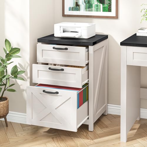 Farmhouse File Cabinet with 3 Drawers for Home Office, White and Black | Halitaa Vertical Filing Cabinet Fits Letter and A4 Size, Farmhouse Printer Stand, Under Desk Wooden File Cabinet - color: White and Black, size: 3 Drawers