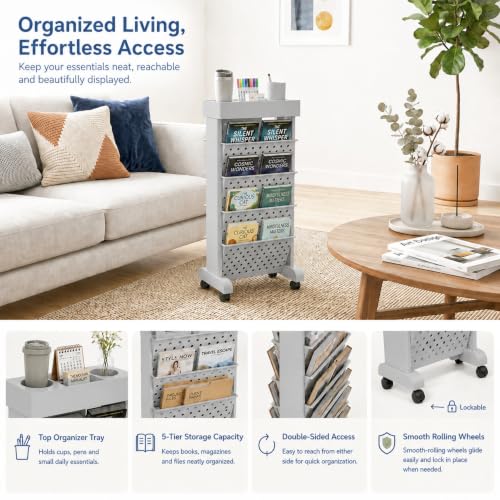 5-Tier Rolling Bookshelf Cart with Wheels, Gray - color: Grey, size: 5-Tier 26"H
