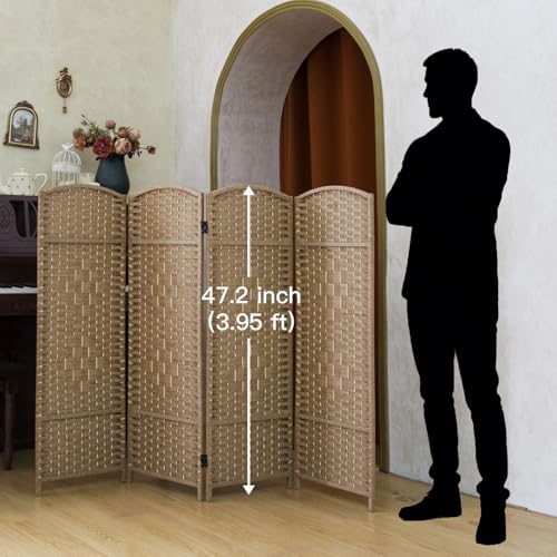 Compact 4 Panel Short Room Divider, 47.2 Inch Tall Double-Sided Rattan Folding Privacy Screen for Home & Office,Light Brown - color: Light Brown, size: 4 Panel