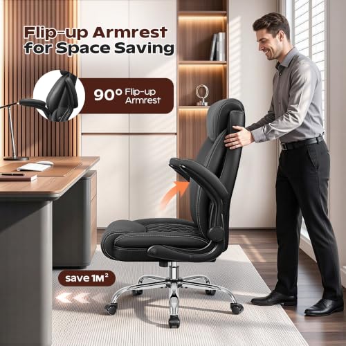 BestGlory Office Chair, Ergonomic High Back Home Office Desk Chair, Big and Tall Breathable Leather Office Chair with Lumbar Support Flip-Up Armrests, Computer Gaming Chair with Rocking Function - color: Black, style: Without Footrest