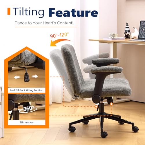 VINGLI Criss Cross Chair with Adjustable Flip-Up Arms,Cross Legged Chair with Wheels, Extra Wide Office Chair,Cozy Desk Chair for Home Office, Vanity, Apartment,Chenille Velvet,Grey - color: Grey