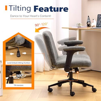 VINGLI Criss Cross Chair with Adjustable Flip-Up Arms,Cross Legged Chair with Wheels, Extra Wide Office Chair,Cozy Desk Chair for Home Office, Vanity, Apartment,Chenille Velvet,Grey - color: Grey