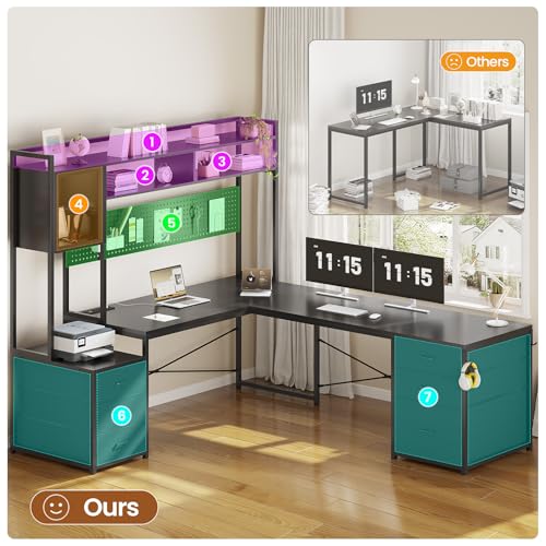 SEDETA Reversible L Shaped Gaming Desk with 6 Drawers, Hutch, Led Lights - color: Black