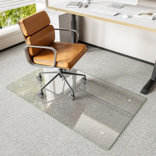 Koonmi Glass Chair Mat for Carpet, 30"x55" Thick Office Chair Mat | Tempered Glass Chair Mats with Round and Polished Edges, Smooth Rolling for Carpet Floor Protection, Scratch-Resistant - color: Transparent, size: 30"x55"