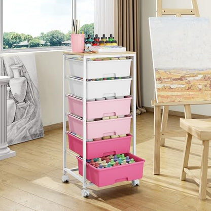 6 Drawer Rolling Storage Cart with Wooden Top and Wheels for Crafts, Pink - color: Pink