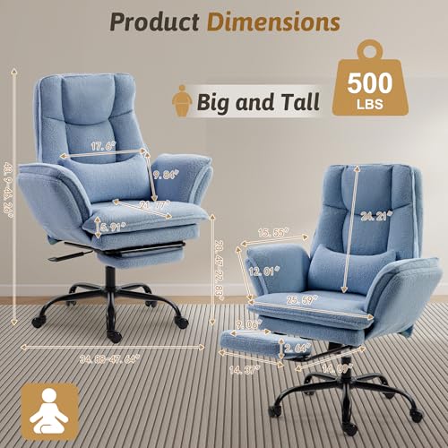 Wider Seat Office Chair with Flip Armrests for Criss Cross Legged&Cats, Big and Tall Executive Ergonomic Reclining Chair with Footrest&Lumbar Pillow, Teddy Fleece Desk Chair,Blue Vanity Chair - color: Blue