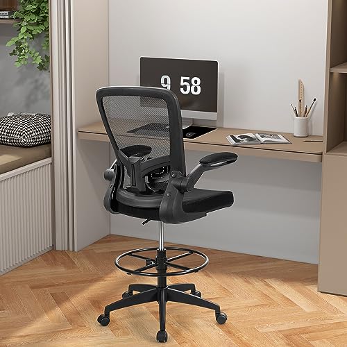 COSTWAY Drafting Chair with Flip-up Armrests & Adjustable Foot Ring, 1 Pack - color: Black