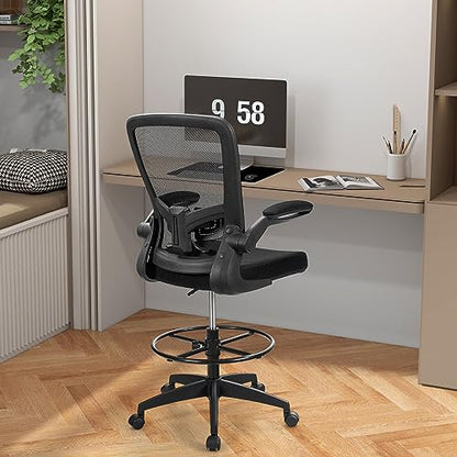 COSTWAY Drafting Chair with Flip-up Armrests & Adjustable Foot Ring, 1 Pack - color: Black