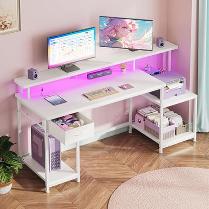DurayLoly Office Desk with 55" Long Monitor Stand, 18" Ample Printer Space | Storage Drawer and File Shelves,Versatile RGB LED Lighting,Built-In USB Outlet,Sturdy Metal Frame,Bedroom Writing Desk,White - color: White