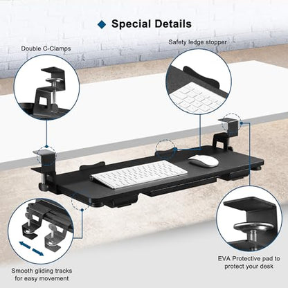 Keyboard Tray Under Desk with Drawer,26.77" X 11.81" Keyboard Tray Large Size with C Clamp-on Mount, Easy to Install, Save Space for Office Desk (Black) - color: Black