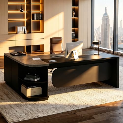 Executive Desk L Shaped Office Desk with Storage Cabinet, Large Wood Table with Drawers, Cable Grommet & Modesty Panel, Modern Home Office Furniture for Manager Workspace, Multiple Sizes - color: Black + Grey Oak - Right, size: 55.1*31.5*29.5in