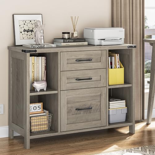 Vabches File Cabinet with 3 Drawers, Farmhouse Lateral File Cabinet Fits Files Letter/A4 Size, Wooden Filing Cabinet with Adjustable Shelves Printer Stand for Home Office, Grey - color: Grey