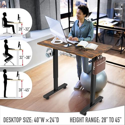 SHW Mobile Electric Height Adjustable Standing Desk w/Drawer, Rustic Brown | 40" Wide Top | w/ Memory Presets and Cable Management | Drawer with adjustable compartments | Hanging Hooks - color: Rustic Brown
