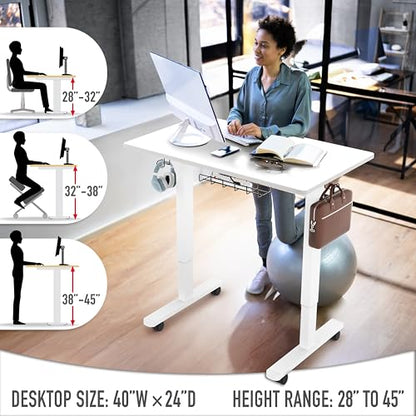 SHW Mobile Electric Height Adjustable Standing Desk w/Drawer, White | 40" Wide Top | w/ Memory Presets and Cable Management | Drawer with adjustable compartments | Hanging Hooks - color: White