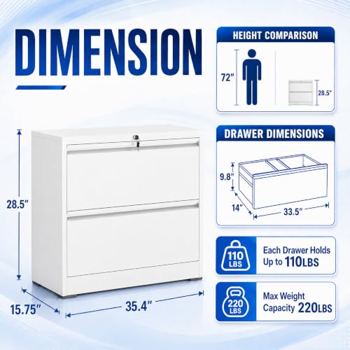 2 Drawer Lateral File Cabinet with Lock, 35.4" W File Cabinet - color: White, size: 35.4"W - 2 Drawer