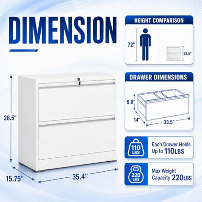 2 Drawer Lateral File Cabinet with Lock, 35.4" W File Cabinet - color: White, size: 35.4"W - 2 Drawer