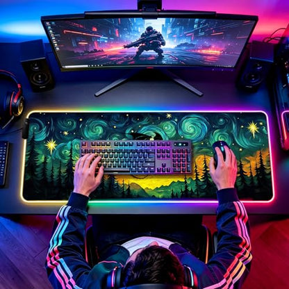 RGB Starry Night Forest Dragon Gaming Desk Mat & Mouse Pad, XL - color: Rgb-w05