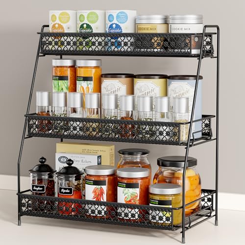 Vintage 3 Tier Spice Rack Organizer for Kitchen Counter, Bathroom Counter Organizer, 3 Tier Bathroom Counter Organizer for Spices Makeup Perfumes, Retro Countertop Organizer - color: Black