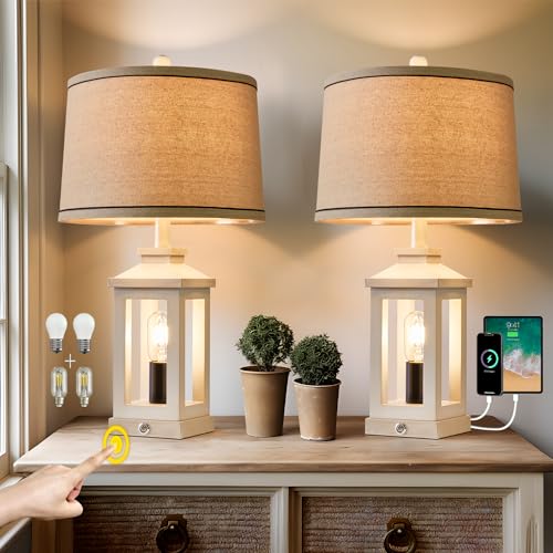 Farmhouse Table Lamps Set of 2 for Living Room 23.75" Bedroom Lamps White | Touch Lamps with Three-level Dimming Nightlight, Bulbs Included, USB Charging Port, Vintage Nightstand Rustic Side Table Lamp - color: White - Set of Two