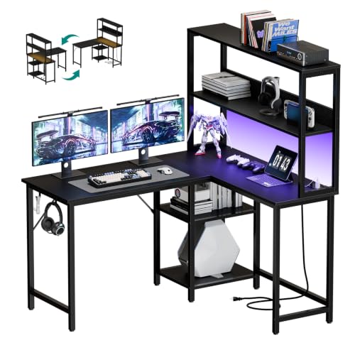 OLIXIS L Shaped Desk, Gaming Desk, LED Lights, 43 Inch | Power Outlets, Reversible Corner Home Office Table, Adjustable Shelf CPU Stand, Black - size: 43.3 IN