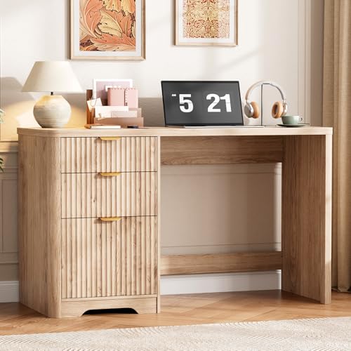 Vabches Farmhouse 47" Executive Desk with 3 Drawers, Oak | Fluted Computer Desk with Adjustable File Drawer, Reversible Workstation Desk for Home Office, Study, Living Room - color: Oak, size: 47" W