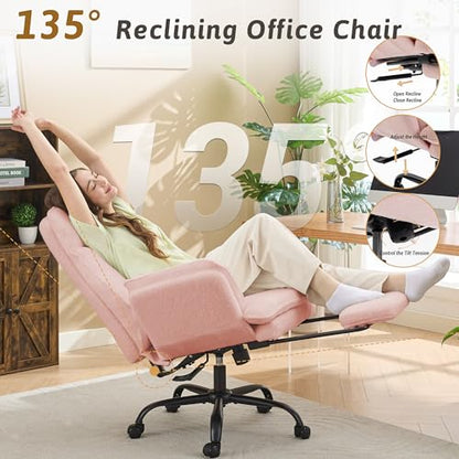 Wider Seat Office Chair with Flip Armrests for Criss Cross Legged&Cats, Big and Tall Executive Ergonomic Reclining Chair with Footrest&Lumbar Pillow, Teddy Fleece Desk Chair,Pink Vanity Chair - color: Pink