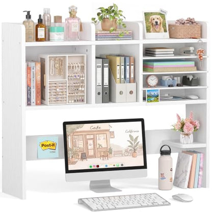 NUTIKAS Desktop Bookshelf for Computer Desk - 36" Desk Hutch Organizer with 4-Tier Paper Tray, Tabletop Storage Rack for College Dorm Room Essentials, Home Office Shelving, White