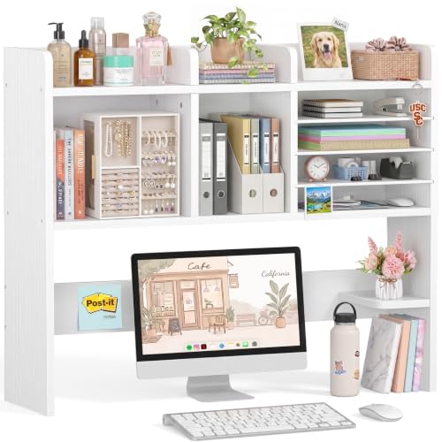 NUTIKAS Desktop Bookshelf for Computer Desk - 36" Desk Hutch Organizer with 4-Tier Paper Tray, Tabletop Storage Rack for College Dorm Room Essentials, Home Office Shelving, White