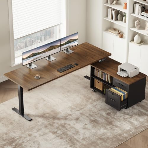 OffiGo 63" L Shaped Electric Standing Desk with Cabinet Sets, Walnut/Black - color: Walnut+black, size: 63 Inch