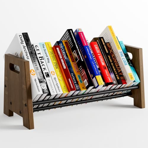 Desktop Bookshelf Organizer, Wood Rustic Slanted Desk Bookshelf, Small Tabletop Book Rack, Portable Save Space Bookcase for Book Display Home Office Organzier