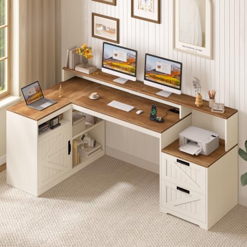 63" Farmhouse L Shaped Desk with Drawers and Printer Stand for Home Office - color: Brown and White
