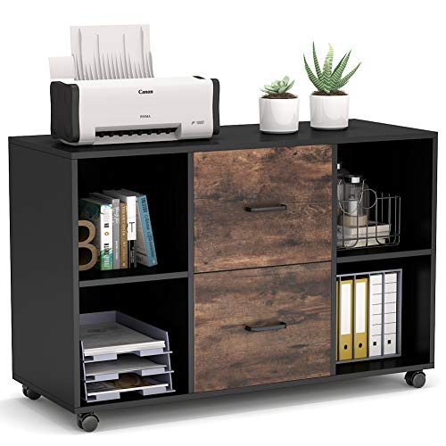 Tribesigns 2 Drawer File Cabinet, Large Mobile Lateral Filing Cabinet for Letter Size, Printer Stand with Storage Shelves and Rolling Wheels for Home Office (Black/Rustic) - color: Black