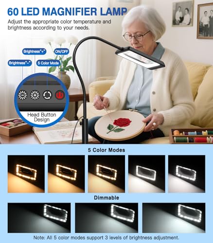 MoKo 10X Large Magnifying Glass with Light and Stand, Flexible Gooseneck Floor Magnifying Lamp with 5 Color Modes, 3-in-1 LED Lighted Desk Lamp Magnifiers for Reading, Close Work, Sewing, Crafts